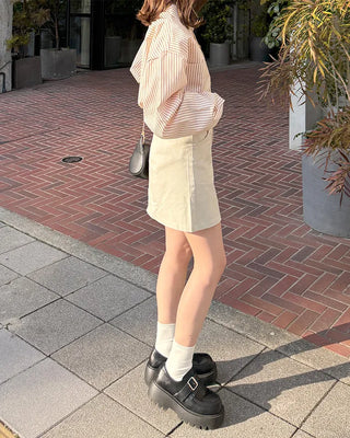 Belted Cotton Simple Mini Skirt