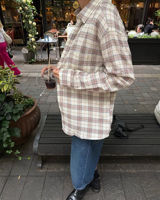 Oversized seersucker check long-sleeved shirt
