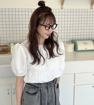 Pleated short-sleeved blouse