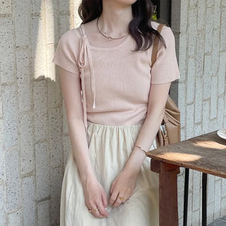 Asymmetrical Ribbon Short-Sleeve Knit