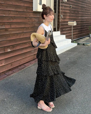 Wrinkle Dot Frill Long Dress