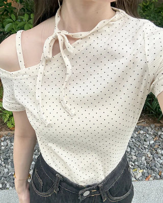 Dot Asymmetric Off-Shoulder Short-Sleeve T-Shirt