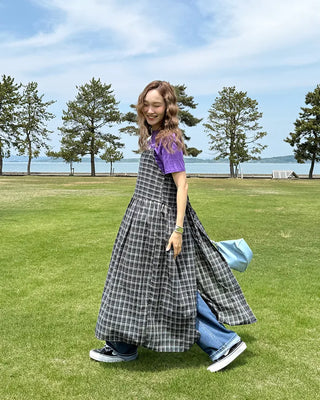 Checked long camisole dress