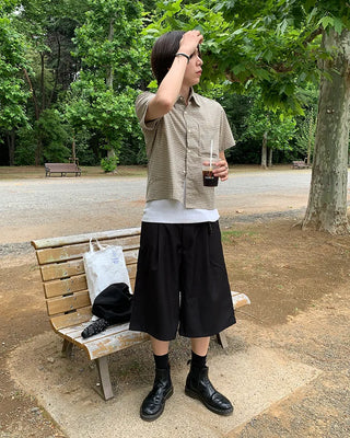 Checked crop-fit short-sleeve shirt