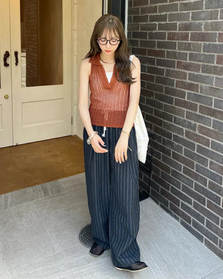 Striped wide banding pants