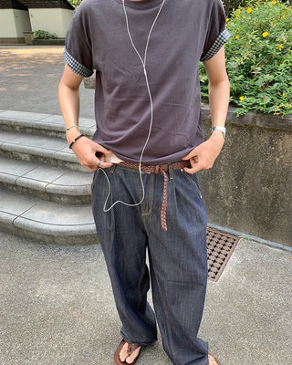 One-tuck indigo wide denim pants