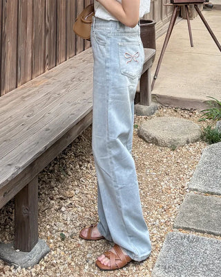 Pocket ribbon detail denim pants