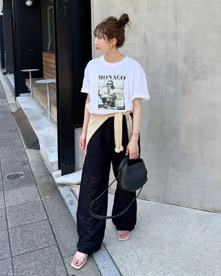 Perforated detail elastic waist easy pants