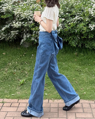 Back ribbon frill denim pants