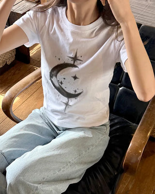 Moon print short-sleeved T-shirt