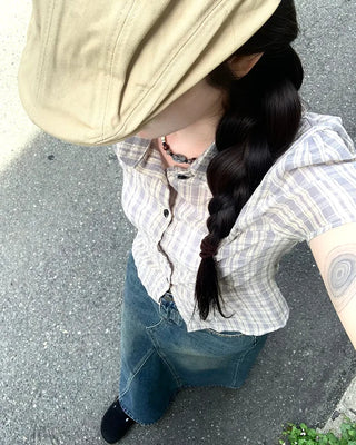 Chest Shirring Check Short-Sleeve Shirt