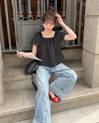 Front Ribbon Smock Gathered Blouse