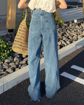 High-waisted denim pants with button strings