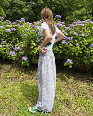 Shirred wide-waist gingham check pants