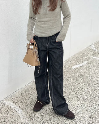 Stitched black straight denim pants