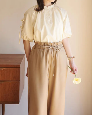 (ORIGINAL) Henley Neck Ribbon Balloon Blouse