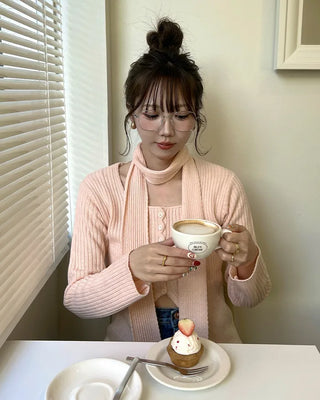 Ribbed cardigan and scarf set