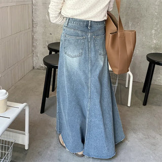 Flared long denim skirt