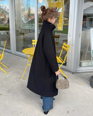 High-neck belted long coat