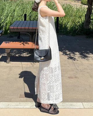 Perforated detail square neck long dress