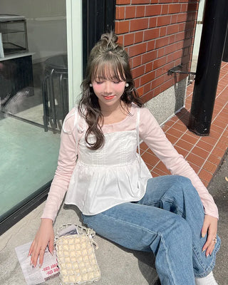 Half-open neck simple ribbed long-sleeve T-shirt