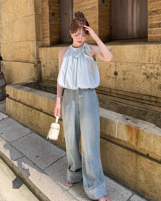 Rolled-up wide-leg denim pants