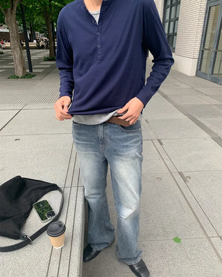 Layered Henley Neck Point Long-Sleeve T-Shirt