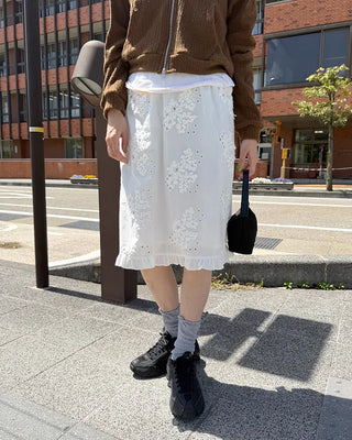 Flower punching frill midi skirt