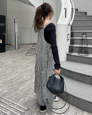 Checked belt long dress