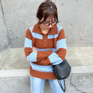 Striped button collar knit