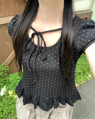 Two-tone polka dot frill puff sleeve T-shirt