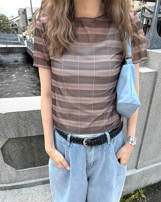 Checkered sheer short-sleeved T-shirt
