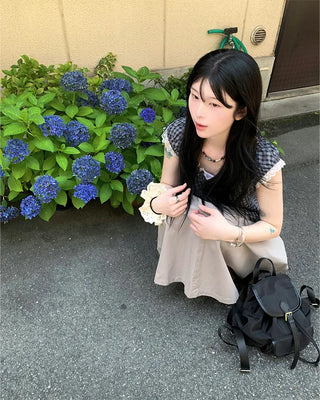 Checked layered off-shoulder blouse
