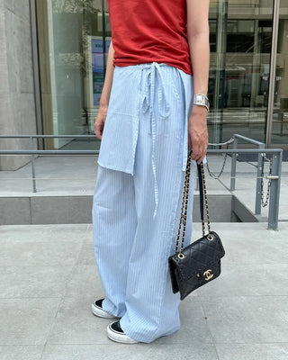Striped layered wrap skirt set with banding pants