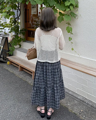 Checked banded long skirt