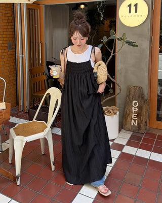 Ribbon Strap Shirred Gathered Dress