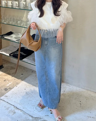 H-line elastic waist long denim skirt
