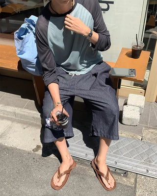 Summer knit raglan bicolor long-sleeve T-shirt