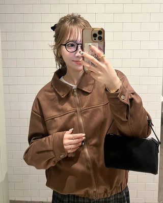 Elastic waistband colored suede jacket