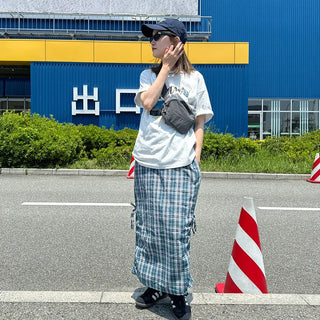 Checked ribbon strap long skirt