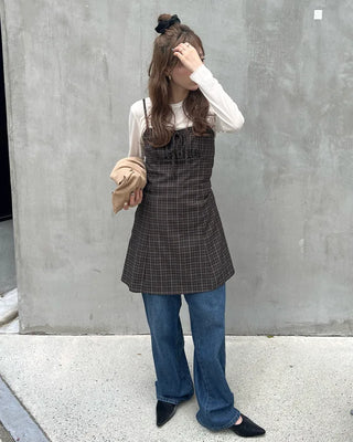 Shirred check sleeveless mini dress
