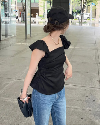 Frilled square neck shirred blouse