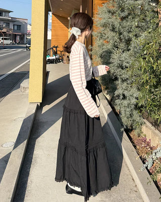 Lace tiered flared long skirt