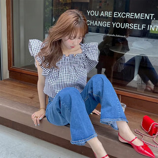 Gingham check frill blouse
