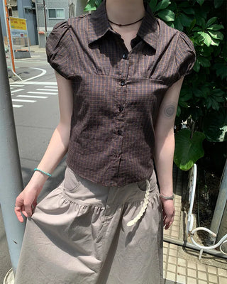 Checked Shirred Puff Sleeve Blouse