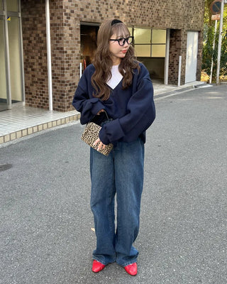Brushed fleece deep V-neck sweatshirt