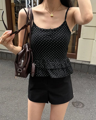 Cup-attached polka dot ruffle lace camisole