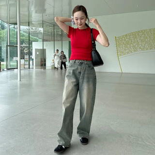 Gray wash denim wide pants