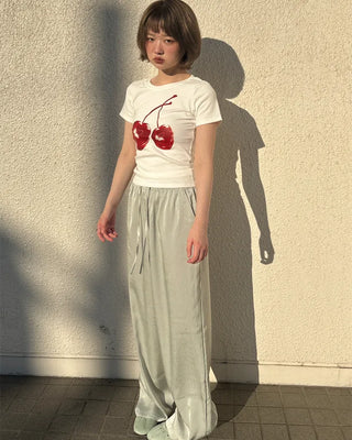 Waistband string silk wide-leg pants