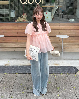 Organza ruffle balloon sleeve blouse